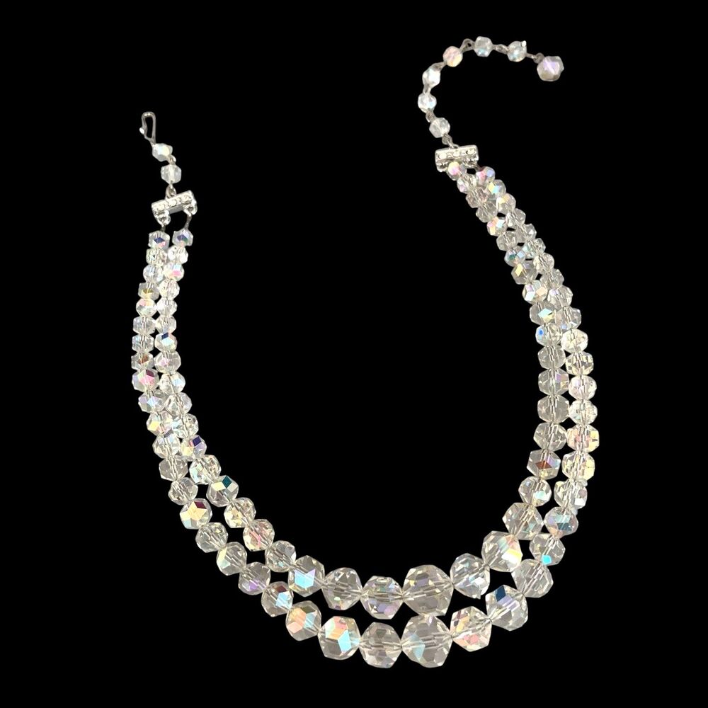 Vintage 1960s Necklace Aurora Borealis Crystal Double Strand - 7I